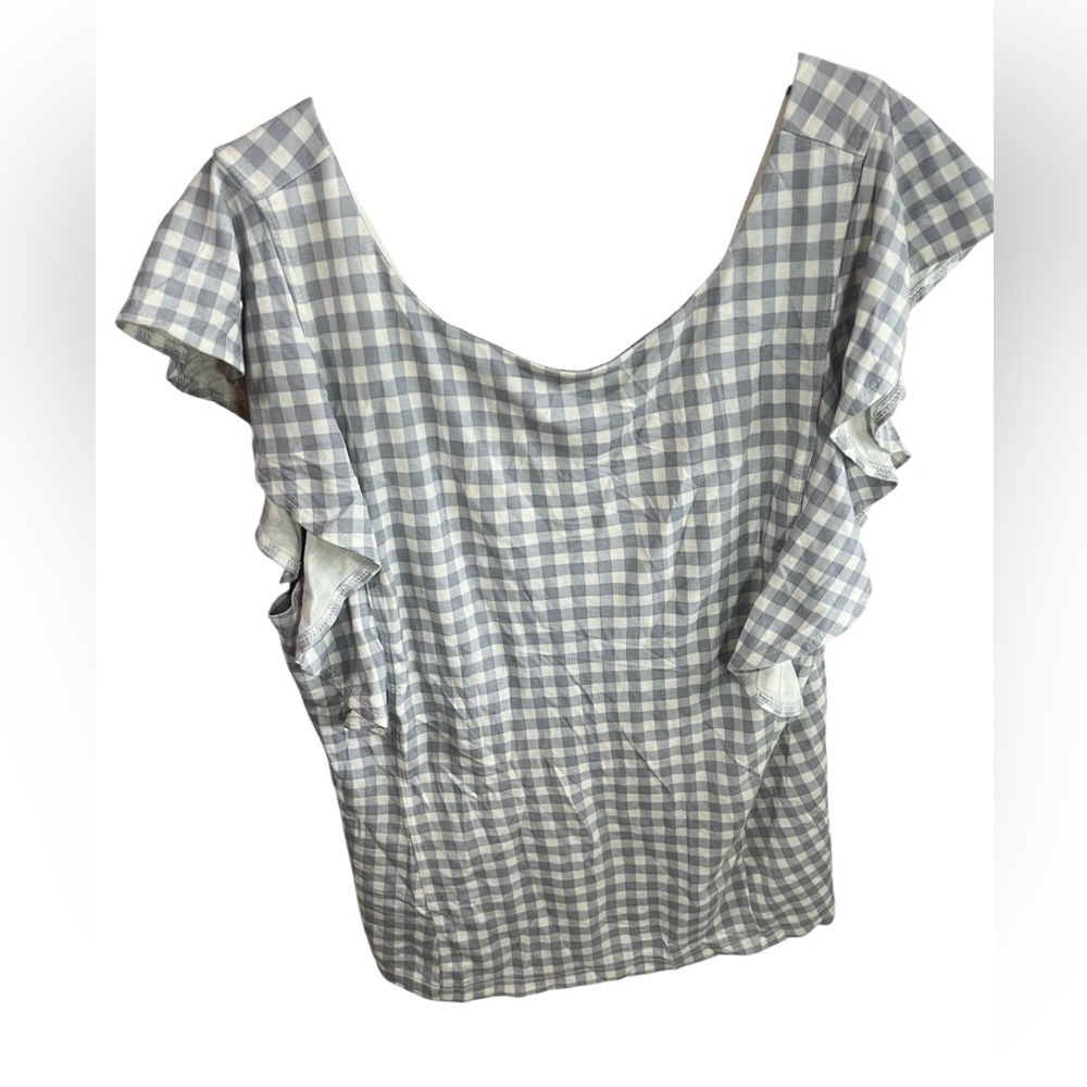 Ann Taylor Light Blue Gingham Ruffle Top Shell Size Medium